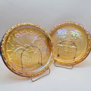 Pair Indiana Glass Bicentennial Amber Carnival Plates Eagle Independence Hall
